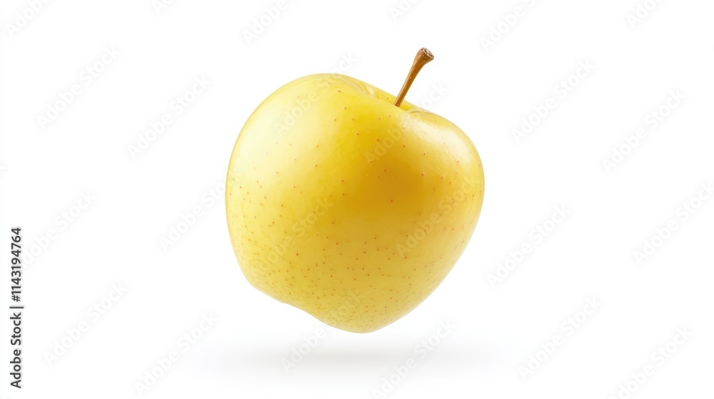 Poster Falling yellow apple on a white background with clipping path showcasing its texture and color in full depth of field