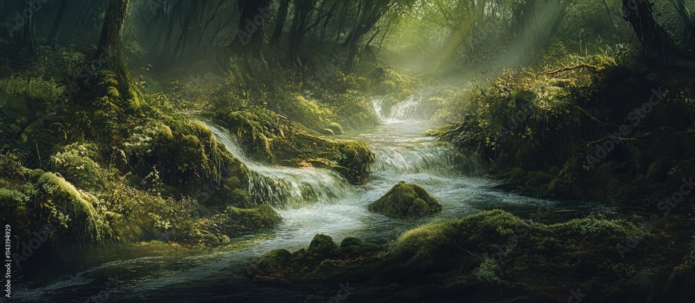 Poster serene rainforest scene with a fast flowing river surrounded by lush moss-covered rocks and vibrant 