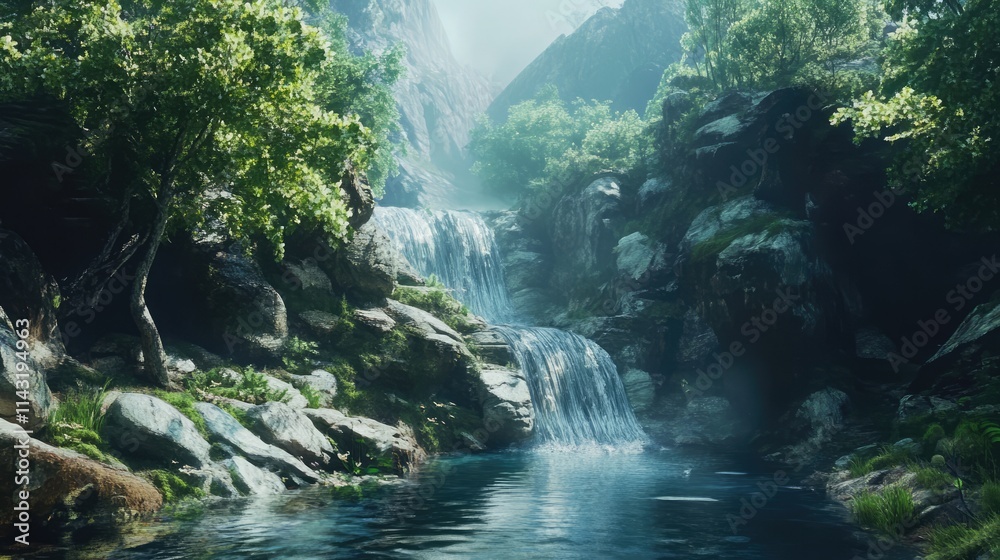 Poster tranquil landscape of a serene waterfall cascading into a crystal clear stream surrounded by lush gr