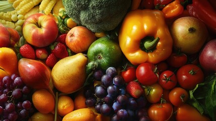 Vibrant assortment of fresh fruits and vegetables showcasing healthy eating and natural food choices in a colorful display.