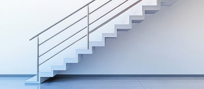 Modern stairway design showcasing stainless steel handrails and a clean white backdrop, perfect for contemporary architecture themes.
