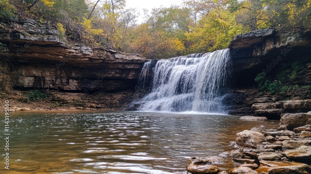 Poster serene waterfall cascading into tranquil pool surrounded by lush autumn foliage in natural park sett