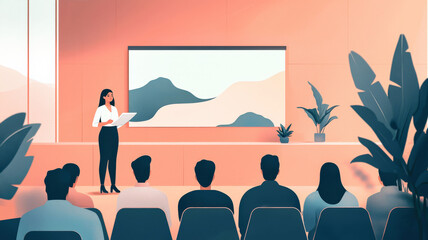 A businesswoman confidently giving a presentation to a group in a sleek conference room, showcasing professionalism and engagement.