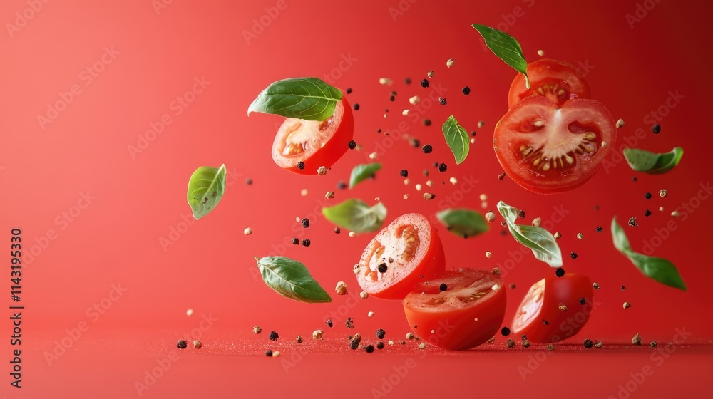 Poster flying tomatoes and fresh basil leaves with spices on a vibrant red background showcasing ingredient