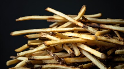 Crispy golden French fries piled high against a dark background for a delicious snack or side dish presentation