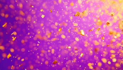 Shimmering Golden Flying Confetti With Blurred Motion On Vibrant Purple Background: Holiday Web Template For Festive Celebrations.