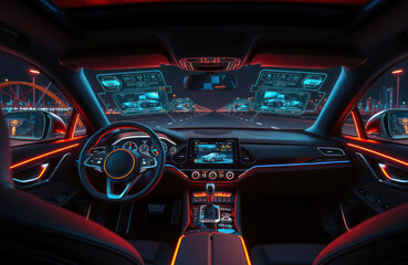 Futuristic car interior with neon lights, holographic displays. Night road view through transparent car windows. Tech interface shows info on car, possible routes, car tech info. Modern car design,