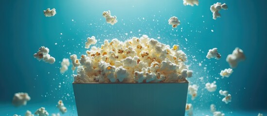 Close up of a vibrant box of popcorn with flying kernels against a blue background perfect for snack marketing and culinary themes