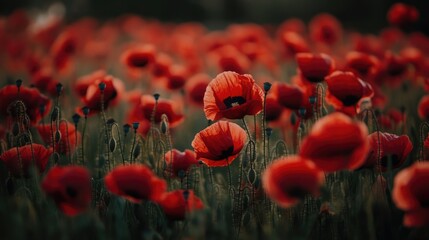 Vibrant Field of Red Poppies in Bloom Under Soft Natural Light