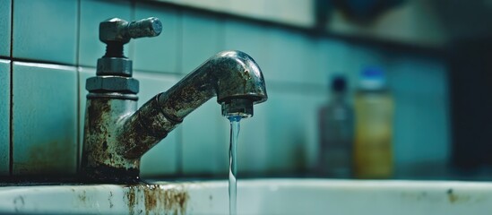 Close up of a rusty kitchen faucet with a dripping tap highlighting water waste and the need for plumbing maintenance and repairs