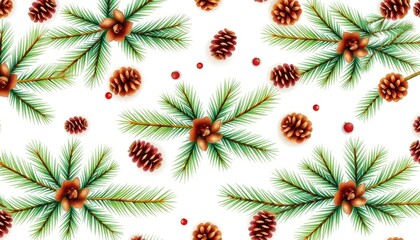 Fototapeta premium Seamless pattern featuring pine branches adorned with pine cones, red berries. Stylish design suitable for holiday winter-themed decor. Illustration displays artistic blend of evergreen plants,