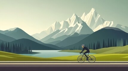 Fototapeta premium Cyclist riding across a mountain landscape, where a lake and distant snowy peaks are framed by cloudless skies.