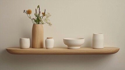 Fototapeta premium Wooden shelf with ceramic vessels and wildflowers.