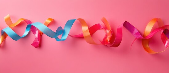 Fototapeta premium Colorful streamers and decorative ribbons arranged on a pink backdrop creating a festive atmosphere perfect for celebration themes