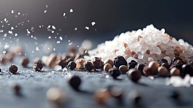 Coarse salt crystals and whole black peppercorns artfully arranged with shallow depth of field highlighting spice textures and details