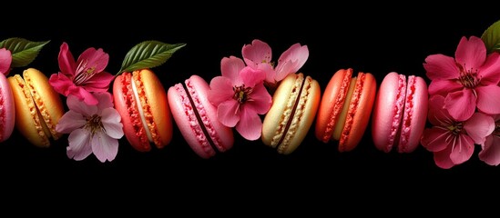 Colorful macaroons with spring sakura flowers on a black background showcasing vibrant colors and delicate textures in selective focus