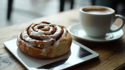 Cinnamon roll coffee and tablet on a wooden table creating a cozy cafe atmosphere ideal for work and relaxation moments