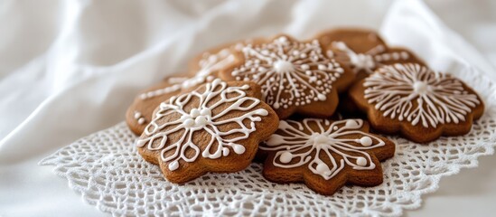 Gingerbread cookies decorated with icing displayed on an intricate white napkin creating a festive holiday atmosphere