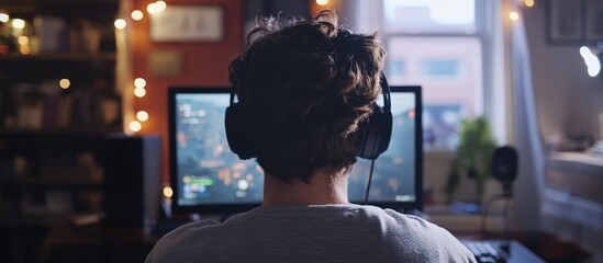 Young man engaged in action video gaming at home with headphones in cozy atmosphere surrounded by soft lighting and modern decor