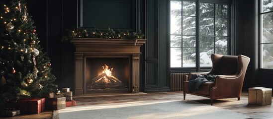 Cozy living room with a decorated fir tree and a warm fireplace creating a festive atmosphere during winter holidays