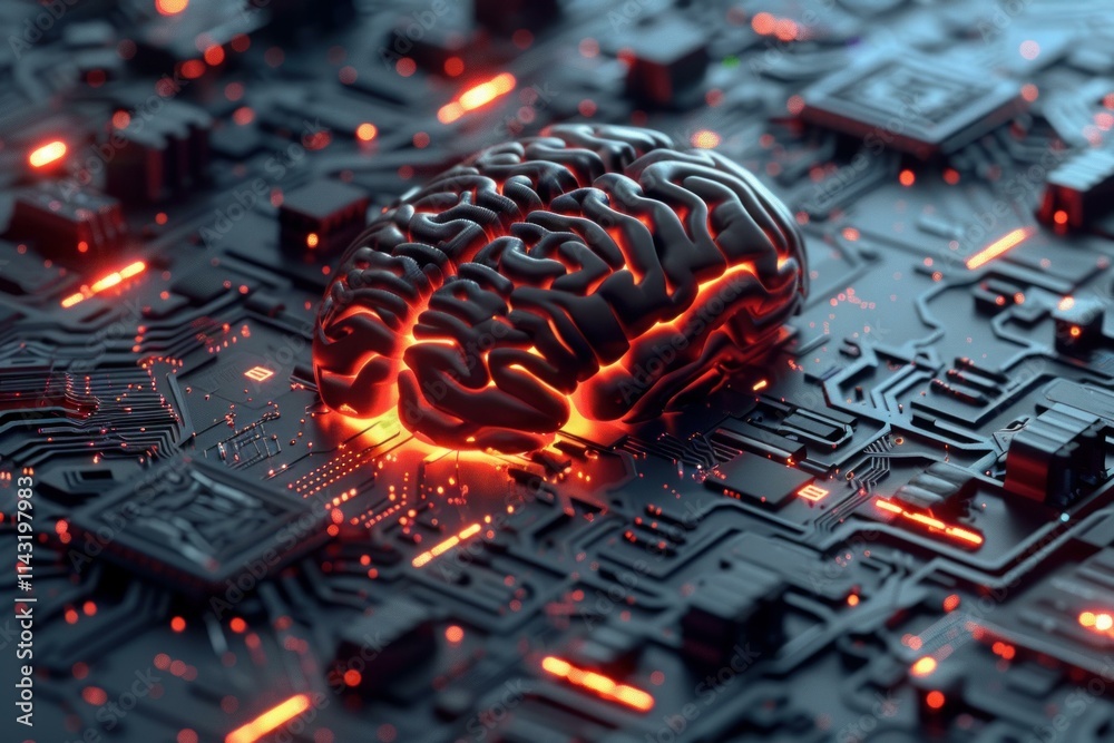 Poster 3d rendering of an artificial intelligence brain glowing on a motherboard circuit, symbolizing machi