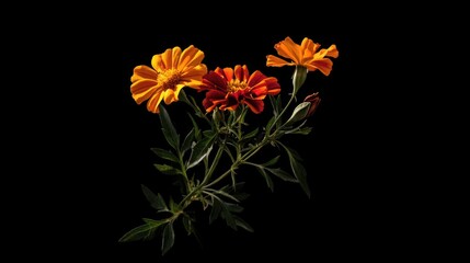 Obraz premium Vibrant French marigold flowers showcasing rich orange and yellow hues against a dark background highlighting their natural beauty and resilience
