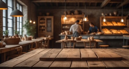 Inside a charming bakery on blurred background two bakers work together to prepare dough and create fresh bread. In the foreground is empty wooden countertop. Template for advertising of product