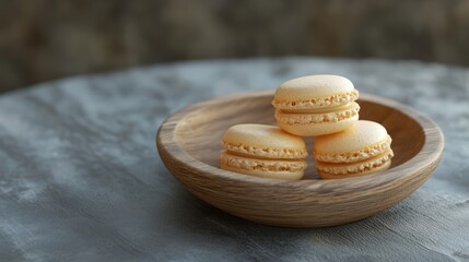 French macarons arranged on a rustic wooden dish showcasing delicate texture and colors. Perfect for dessert and culinary themed projects.