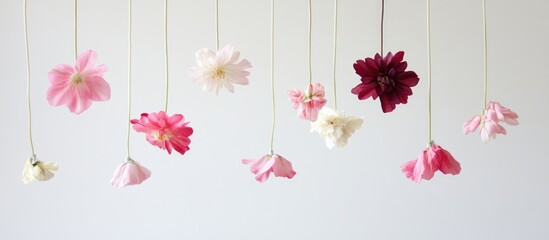 Delicate hanging flowers in soft pink and red tones creating an elegant and modern aesthetic for floral decor and design inspiration