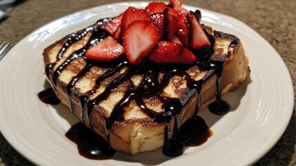 French toast topped with fresh strawberries and balsamic glaze served on a white plate for a delicious brunch presentation