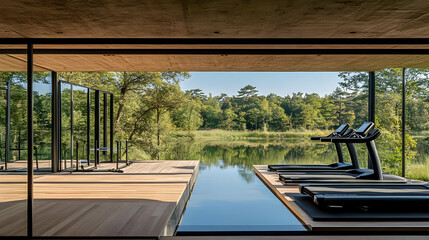 Fototapeta premium Modern Home Gym with Lake View Illustration