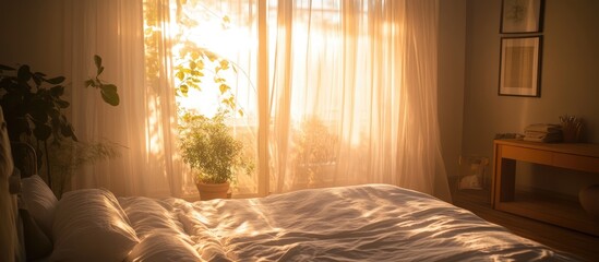 Serene bedroom with floating transparent curtains swaying in warm sunlight creating a cozy backlit atmosphere with plants and minimal decor