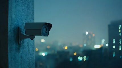 utdoor CCTV camera surveillance system A blurry night cityscape background Modern CCTV camera on a wall Equipment system service for safety, asset or life