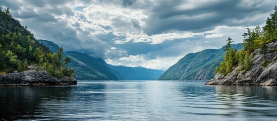 Serene Fjord Landscape with Lush Greenery and Dramatic Cloudy Sky over Calm Water in Majestic Mountain Environment
