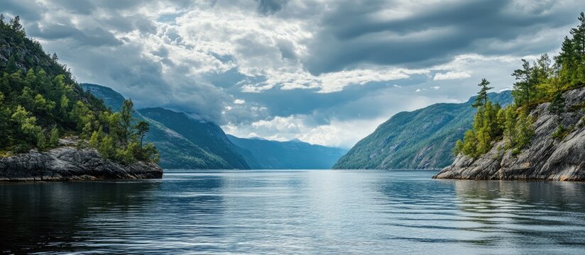 Serene Fjord Landscape with Lush Greenery and Dramatic Cloudy Sky over Calm Water in Majestic Mountain Environment