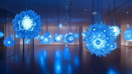 Blue Illuminated Glass Sculptures Hanging in Gallery
