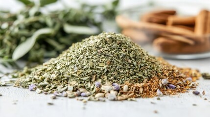Aromatic blend of fresh and dried herbs and spices with a focus on vibrant textures and colors in a rustic kitchen setting.