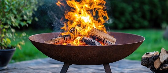 Warm and inviting fire blazing in a stylish outdoor brazier surrounded by nature and logs ready for a cozy gathering