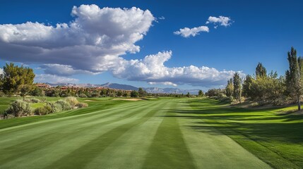 Obraz premium Golf course fairway under a blue sky with clouds showcasing a serene landscape and manicured grass for recreational activities.