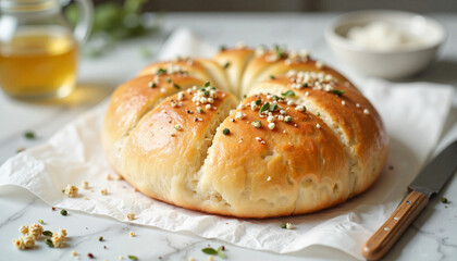 Soft round bread with sesame and herbs on parchment paper