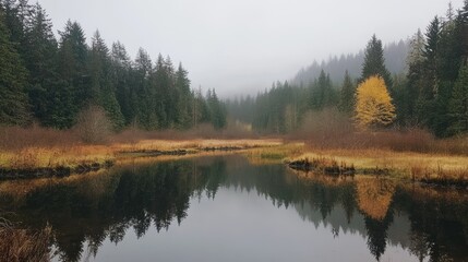 Fototapeta premium Autumn hues and ancient forest reflected in a tranquil pond surrounded by misty mountains and golden foliage