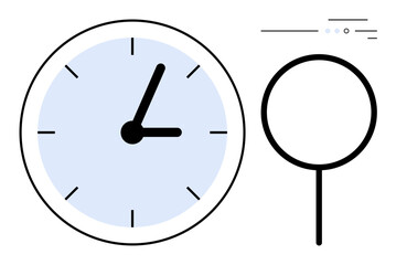 Clock with minimalistic design and magnifying glass symbol. Ideal for themes thumbs up productivity, precision, analysis, attention to detail, time management, efficiency, deadlines. Line metaphor