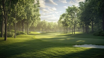 Obraz premium Serene golf course fairway surrounded by lush greenery and trees under a cloudy sky with gentle sunlight illuminating the landscape