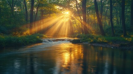 Fototapeta premium Sunbeams illuminate a tranquil forest stream at sunrise.