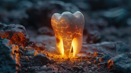 Glowing heart shaped rock erupting from a fiery molten landscape surrounded by scorched earth and volcanic rock formations