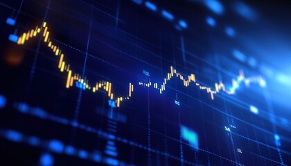 Blurred Blue Digital Charts On Dark Blue Background: A Futuristic Financial Interface Featuring Stock Market And Fintech. Render Design.