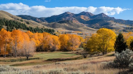 Fototapeta premium Vibrant autumn colors in a scenic state park with mountains and clear blue skies showcasing nature's beauty and fall foliage.