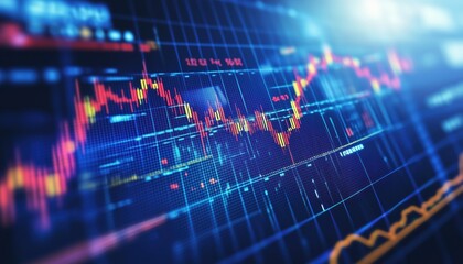 Blurred Blue Digital Charts Over Dark Blue: A Futuristic Financial Interface Combining Stock Market And Fintech Renderings.