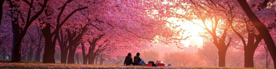 Fototapeta premium Two people sit on the grass, surrounded by cherry blossoms under a sunset sky. Concept of tranquility and nature. For promoting travel