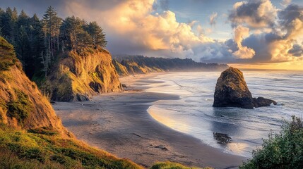 Majestic fall creek waterfall cascading at Hug Point along the serene Oregon coast with dramatic cliffs and vibrant sunset sky.